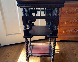 #27 Eastlake style Mahogany wood 3 tier plant stand w brass ball and claw hardware barley twist legs. As is finish 18x18x37 $ 200.00