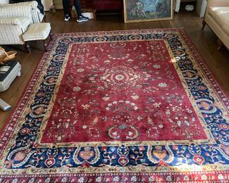 #1 Large Rectangular Floral Maroon and Navy Traditional Rug with Fringe ends 8x10.5 $ 175.00