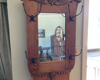 #26 Antique Mirrored Oak Hall Tree with Storage Bench as is finish. 2 pcs 30x16x77 $ 225.00