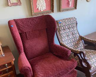 #16 Maroon upholstered diamond pattern wing back chair -- $ 60.00