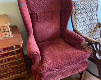 #16 Maroon upholstered diamond pattern wing back chair -- $ 60.00