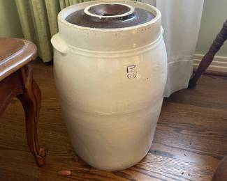 #20 Antique butter churn double handled crock. No stick. 5 gallon. White glaze 9.5x17" $ 100.00