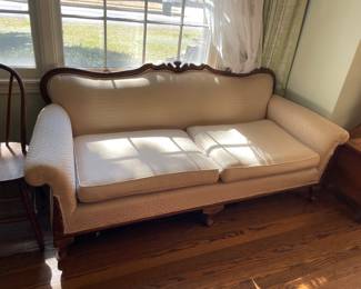 #33 Antique cream upholstery sofa w carved wood trim - good condition 6 ft $ 175.00
