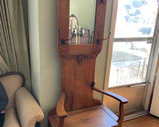 #26 Antique Mirrored Oak Hall Tree with Storage Bench as is finish. 2 pcs 30x16x77 $ 225.00