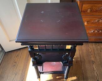 #27 Eastlake style Mahogany wood 3 tier plant stand w brass ball and claw hardware barley twist legs. As is finish 18x18x37 $ 200.00