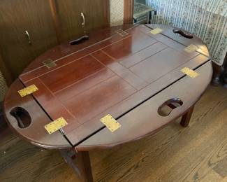 #12 Vintage butler oval tray table w/drop down sides. 2 pcs 27-35x21x17.5-25 $ 50.00