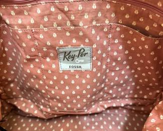 #53 Fossil key-per shoulder bag. Floral patterned coated canvas with brown leather trim $ 20.00