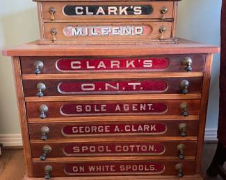 #15	LARGE Antique George A Clark - Advertising Spool Cabinet - 6 Drawers really good condition, brass drawer pulls.	--	 $ 950.00 																					