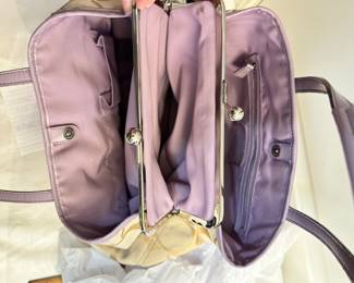 #52 Coach kiss lock satchel handbag. Logo canvas, lavender leather trim. $ 25.00