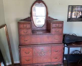 #9 Antique Victorian style bureau dresser on casters with mirror. 1 pc, 7 drawers. Wood carved details on casters. As is finish. You move 42x73.5x21" $ 325.00