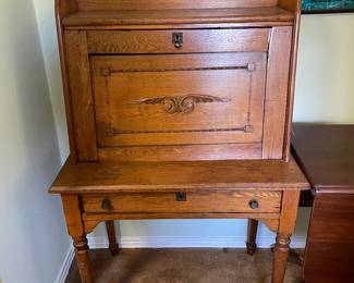 #39 Antique Oak Secretary Desk - As is Trim. 1 Drawer. Drop front 43x19.5x56" $ 225.00