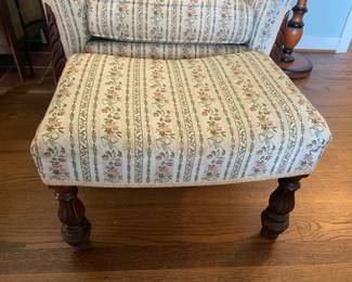 #11 Antique his and hers floral upholstery chairs. Carved wood edges with ottoman. 3 pcs set 20" seat, 32 h hers, 38" his h $ 275.00
