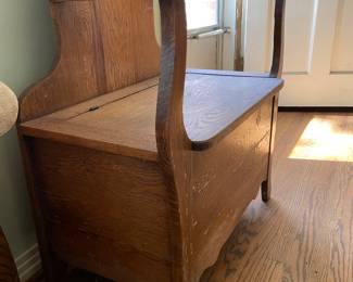 #26 Antique Mirrored Oak Hall Tree with Storage Bench as is finish. 2 pcs 30x16x77 $ 225.00