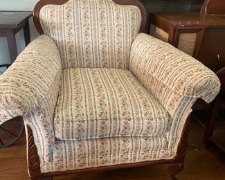 #11 Antique his and hers floral upholstery chairs. Carved wood edges with ottoman. 3 pcs set 20" seat, 32 h hers, 38" his h $ 275.00