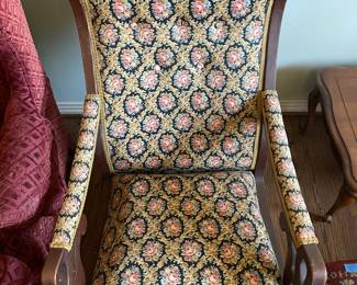 #17 Anitique carved wood rocking chair w floral upholstered button back -- $ 100.00