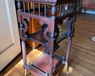 #27 Eastlake style Mahogany wood 3 tier plant stand w brass ball and claw hardware barley twist legs. As is finish 18x18x37 $ 200.00
