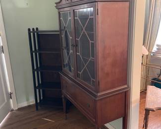 #4 Chippendale style display cabinet as is finish 1 drawer 2 shelves 2 glass front doors 37x73x16.5" $ 175.00