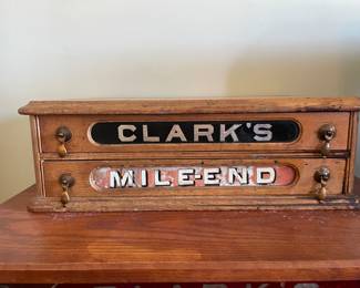 #14 Smaller Antique George A Clark - Advertising Spool Cabinet- 2 Drawers, as is crack in glass. -- $ 350.00
