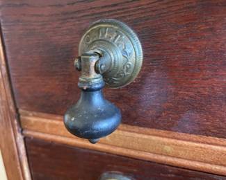 #14 Smaller Antique George A Clark - Advertising Spool Cabinet- 2 Drawers, as is crack in glass. -- $ 350.00