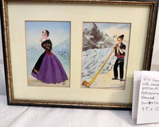#60 Elsi Gumier silk and embroidered postcards professionally framed. Switzerland 9 1/2” x 12 1/2” $ 40.00