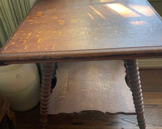 #22 2 Tiered Square Tiger oak Parlor Table with bobbin legs 24x24x28" $ 200.00