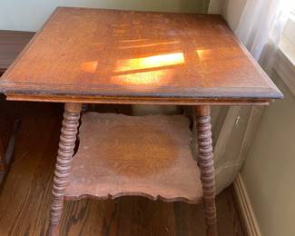 #22 2 Tiered Square Tiger oak Parlor Table with bobbin legs 24x24x28" $ 200.00