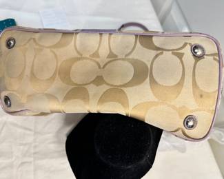 #52 Coach kiss lock satchel handbag. Logo canvas, lavender leather trim. $ 25.00