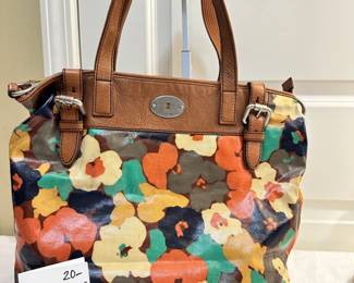 #53 Fossil key-per shoulder bag. Floral patterned coated canvas with brown leather trim $ 20.00