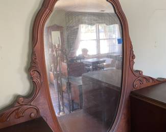 #9 Antique Victorian style bureau dresser on casters with mirror. 1 pc, 7 drawers. Wood carved details on casters. As is finish. You move 42x73.5x21" $ 325.00