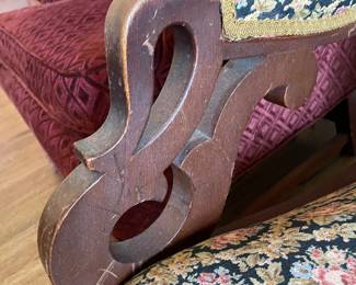 #17 Anitique carved wood rocking chair w floral upholstered button back -- $ 100.00