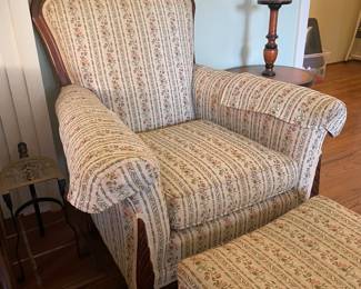 #11 Antique his and hers floral upholstery chairs. Carved wood edges with ottoman. 3 pcs set 20" seat, 32 h hers, 38" his h $ 275.00