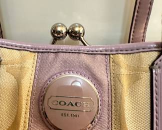 #52 Coach kiss lock satchel handbag. Logo canvas, lavender leather trim. $ 25.00