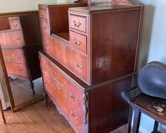 #9 Antique Victorian style bureau dresser on casters with mirror. 1 pc, 7 drawers. Wood carved details on casters. As is finish. You move 42x73.5x21" $ 325.00