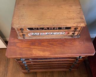 #14 Smaller Antique George A Clark - Advertising Spool Cabinet- 2 Drawers, as is crack in glass. -- $ 350.00 #15 LARGE Antique George A Clark - Advertising Spool Cabinetst - 6 Drawers really good condition, brass drawer pulls. -- $ 950.00