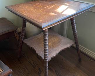 #22 2 Tiered Square Tiger oak Parlor Table with bobbin legs 24x24x28" $ 200.00