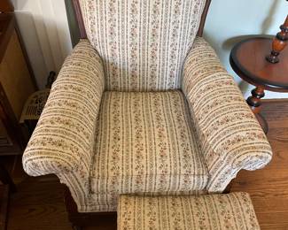#11 Antique his and hers floral upholstery chairs. Carved wood edges with ottoman. 3 pcs set 20" seat, 32 h hers, 38" his h $ 275.00