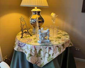 Draped Table, Large Silver and White Table Lamp 