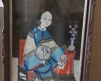 Antique Chinese Eglomise Portrait of a Seated Woman with Fan