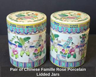 Pair of Chinese Famille Rose Porcelain Lidded Jars