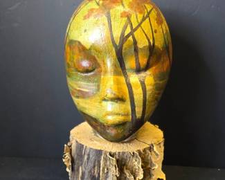HandPainted Autumn Landscape Head Sculpture on Wood Base