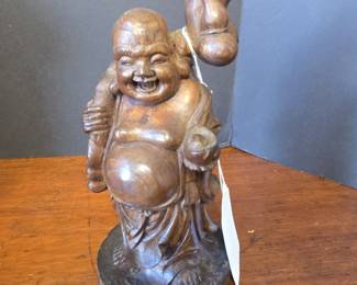 Carved Wooden Laughing Buddha Figurine