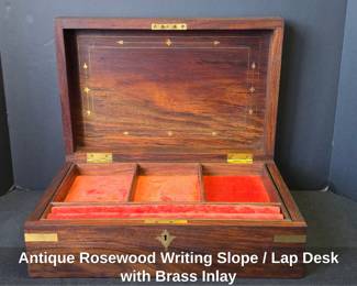 Antique Rosewood Writing Slope or Lap Desk with Brass Inlay
