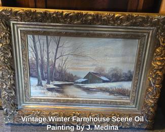Vintage Winter Farmhouse Scene Oil Painting by J. Medina