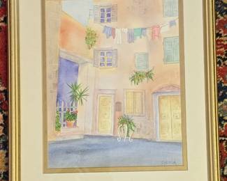 Watercolor Painting of European Courtyard by Deborah