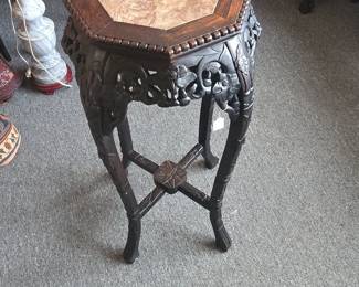 Antique Chinese Rosewood Carved Plant Stand with Octagonal Marble Top