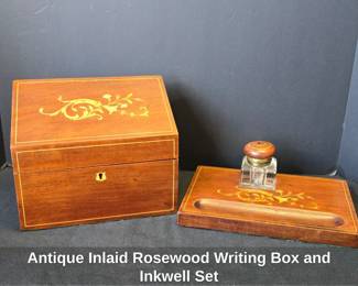 Antique Inlaid Rosewood Writing Box and Inkwell Set