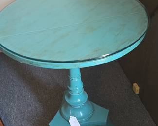 Teal Painted Maple Pedestal Tea Table with Glass Top