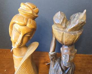 Vintage African Carved Wooden Figures Pair  Woman with Headdress and Man Carrying Bowl
