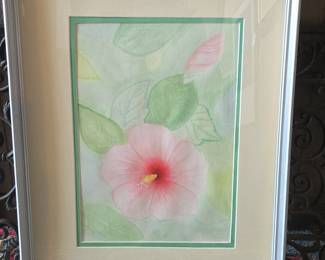 Signed Watercolor Painting of a Pink Hibiscus Flower by J. P. Rell