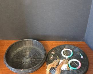 Antique Chinese Woven Sewing Basket with Bracelets and Tassels
